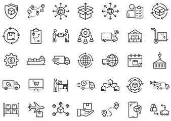 Logistics and Supply Chain Icons Set – Delivery, Shipping, Transportation, Warehouse, Distribution, Global Trade, Freight, Cargo, E-commerce, Inventory Management, Package Tracking, Outline Vector