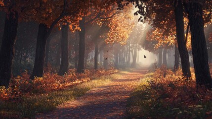 Fototapeta premium Sunlit autumn path through a misty forest.
