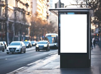 Blank Billboard at Bus Stop in Urban Street with Vehicle Traffic