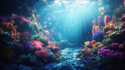 Vibrant coral reef teeming with colorful fish and diverse marine life under sunlit ocean water.