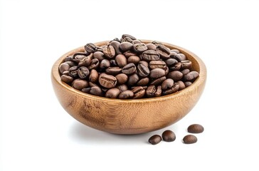Fototapeta premium Coffee beans in a wooden bowl and a coffee-colored background on a white background with a clipping path