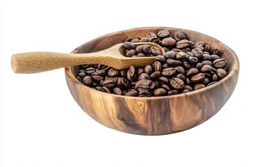 Fototapeta premium Coffee beans in a wooden bowl and a coffee-colored background on a white background with a clipping path