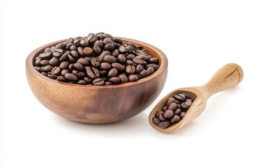 Fototapeta premium Coffee beans in a wooden bowl and a coffee-colored background on a white background with a clipping path