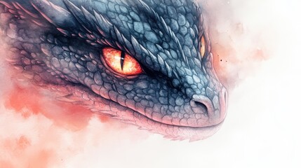 A fierce dragon emerges from a misty background, showcasing intricate scales and glowing orange eyes, evoking a sense of power and mystique.