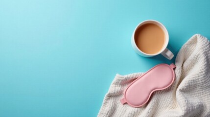 Obraz premium Relaxing Evening Ritual Cozy Sweater, Warm Beverage, and Sleep Mask on a Serene Blue Background