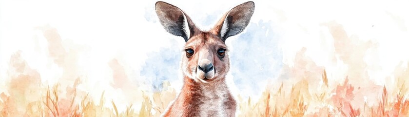 Fototapeta premium A watercolor painting of a kangaroo set against a soft, colorful background, showcasing its large ears and gentle expression.