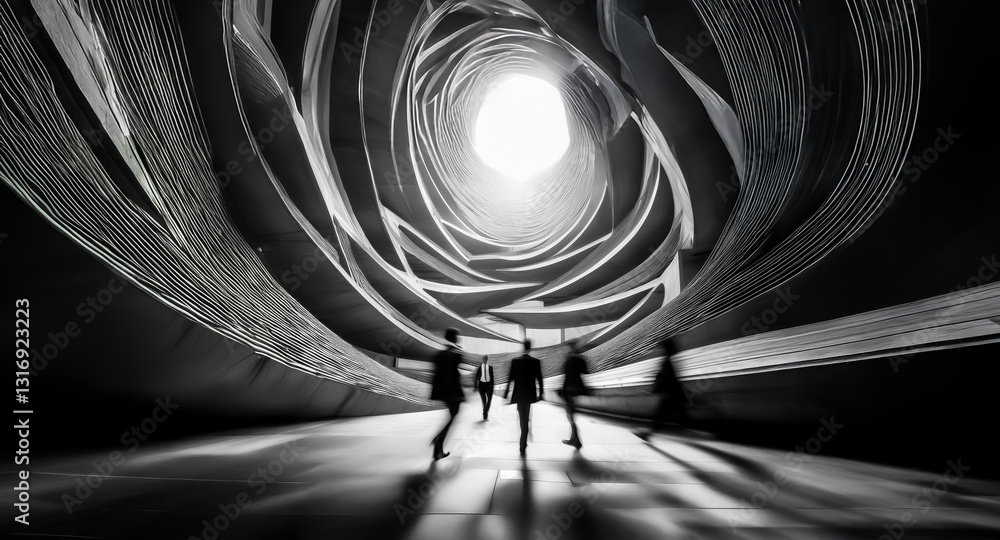 Leinwandbilder futuristic tunnel of swirling layers guides figures towards a bright light at the end. black and whi