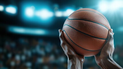 Hands Holding a Basketball Ready for a Shot in a Dynamic Sports Arena with Blurred Audience in Background