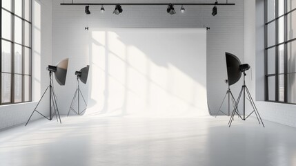 Modern photography studio with professional lighting equipment and background