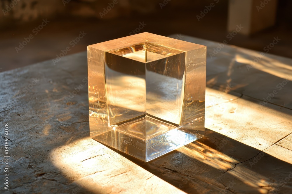 Poster clear glass block casting light on rustic table surface