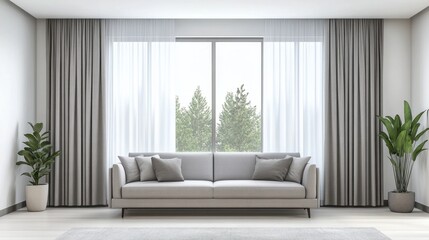 Fototapeta premium Sleek modern curtains in soft neutral tones hanging in a bright, minimalist living room