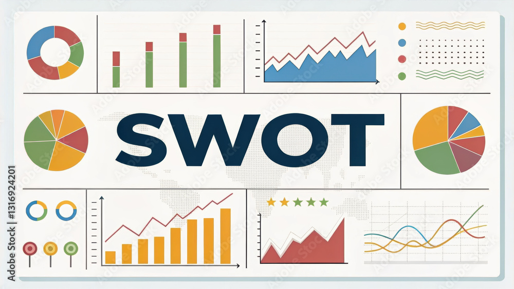Poster swot analysis graphic featuring charts, graphs, and data visualization elements. this design emphasi
