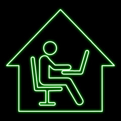 Fototapeta premium 家の中でパソコンで仕事をしている人・リモートワークのピクトグラム風イラスト 黒背景の切り抜き