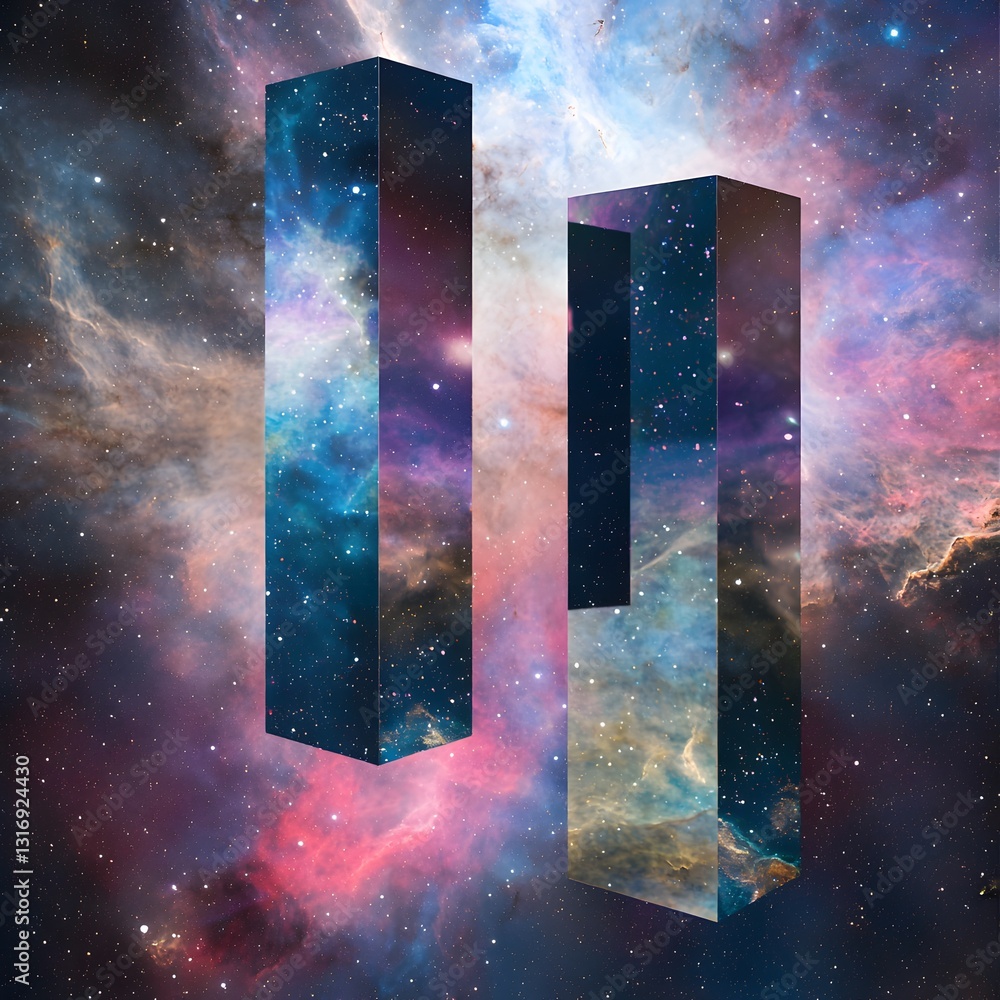 Poster two tall buildings in the sky reflecting cosmic colors and enchanting light from a distant celestial