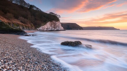 Obraz premium Serene sunrise over pebble beach with dramatic cliffs.