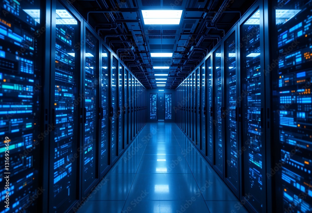 Poster illuminated data center corridor showcasing modern server infrastructure