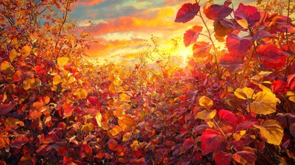 Vibrant autumn sunset over red and orange foliage.