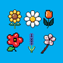 Retro Pixel Art Flower Pack with Colorful 8-Bit Style Icons