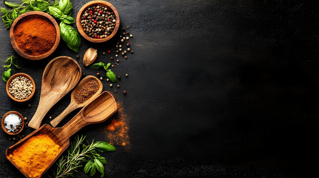 Aromatic spices herbs and wooden spoons arranged on dark surface  Empty space for text