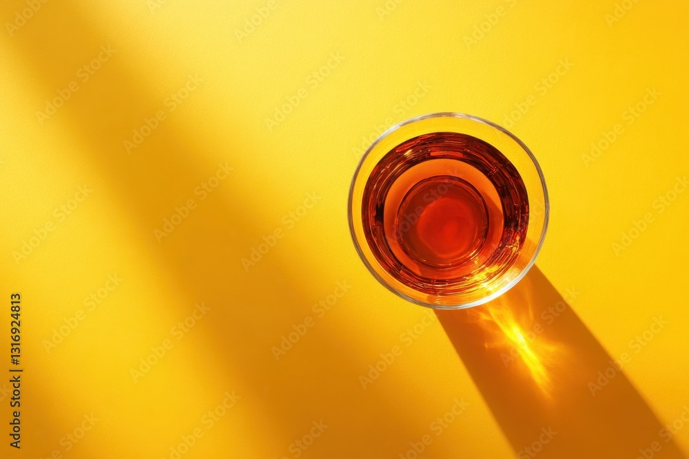 Poster amber liquid in glass on bright yellow background with soft light and shadow creating a warm and inv