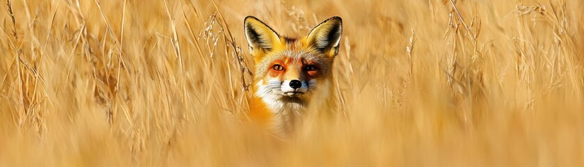 Fototapeta premium A fox peeks through golden grass, blending into its surroundings, showcasing the beauty of nature and wildlife.