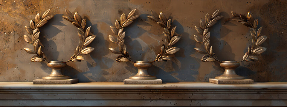 Three laurel wreath standing trophies on a shelf, representing honor, victory, and recognition in a classic and elegant setting.