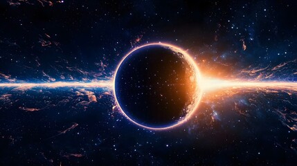 Obraz premium Mysterious black hole at the heart of a vibrant galaxy surrounded by stars and cosmic dust in a futuristic landscape