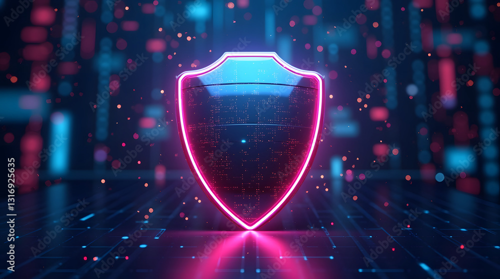 Poster a vibrant glowing chrome shield symbol on a digital background, representing cybersecurity and data 
