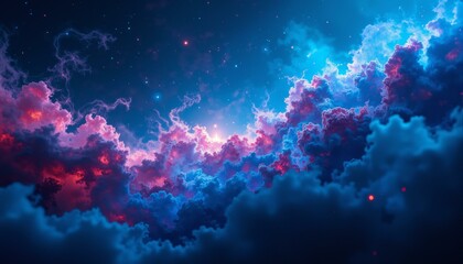 Fototapeta premium A majestic, swirling galaxy with vibrant nebulae and intricate silver filaments against a deep blue background, shimmering starlight and aurora-like effects.