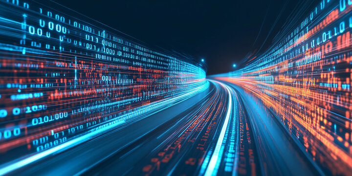 High-speed data stream with glowing red and blue binary code, concept of digital technology and network speed

