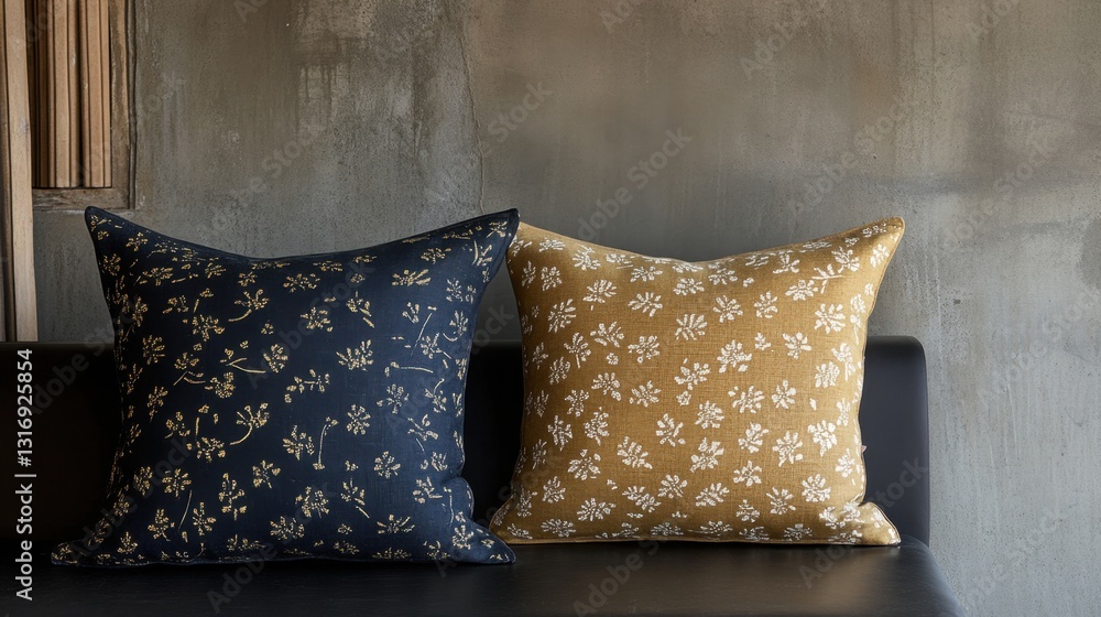 Poster Soft linen cushions with delicate patterns placed on a sleek contemporary sofa