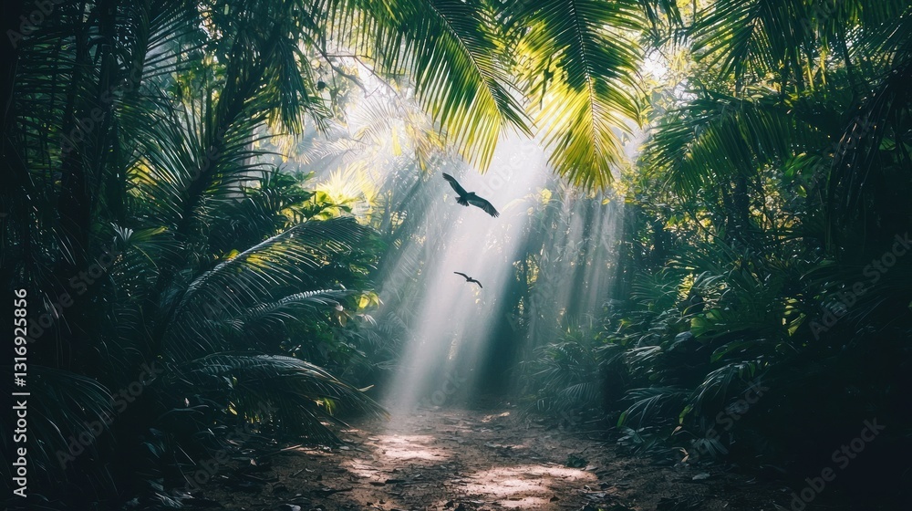 Poster sunbeams illuminate a jungle path with birds in flight.