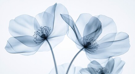 Translucent delicate blue flowers on a light background, abstract floral art with ethereal petals, botanical illustration