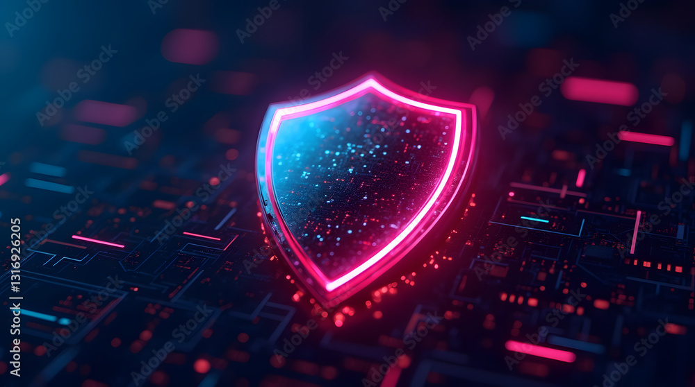 Poster a vibrant glowing chrome shield symbol on a digital background, representing cybersecurity and data 