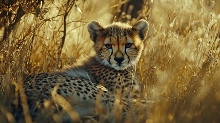 Obraz premium A young cheetah rests amidst golden grasses, showcasing its distinctive spots and keen gaze in a natural habitat.