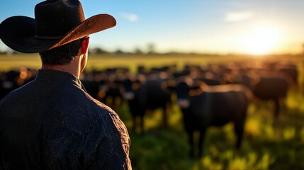Cowboy Silhouette at Sunset Overseeing Cattle Herd on the Open Range Rural Setting Cattle Farming