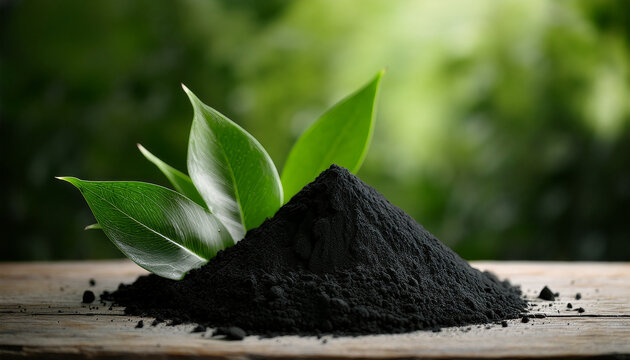 Heap of activated black charcoal powder and green leaves on wooden table. Healthy supplement food