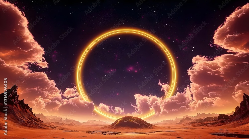 Poster enchanting circle of light illuminating a futuristic space scene above an alien terrain with a golde