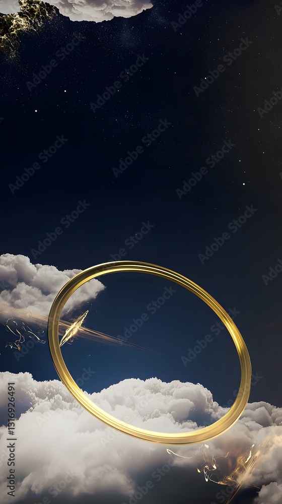 Poster captivating floating in the sky above an alien world in a futuristic space setting with a golden