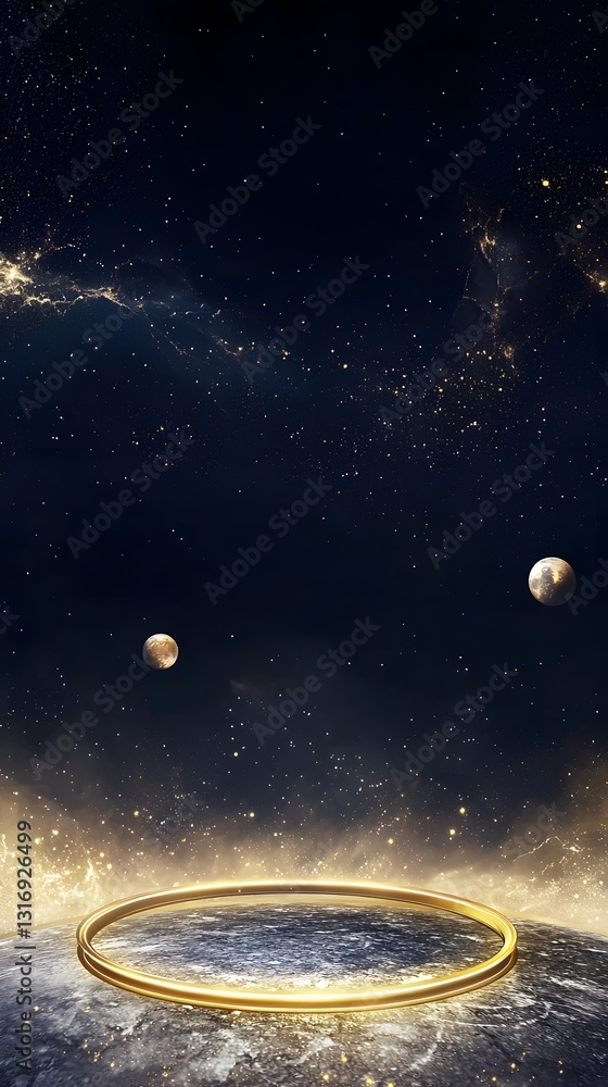 Poster magnificent planet with a floating around it in a futuristic world set against a deep navy sky