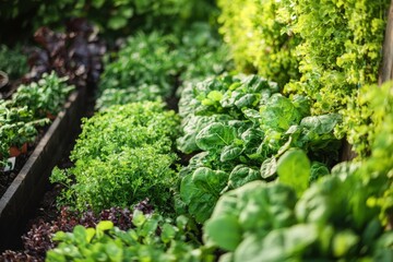 Lush green herbs and leafy vegetables thriving in a garden setting, showcasing healthy growth and vibrant colors.