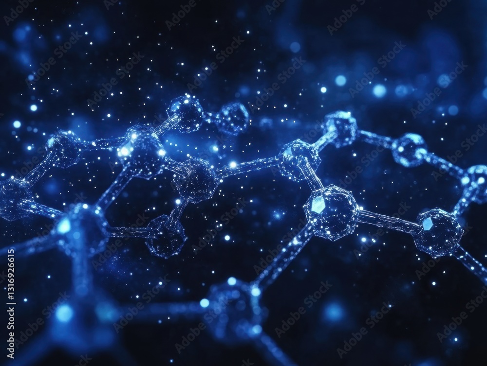 Poster captivating blue molecular structure with sparkling particles a visual representation of scientific 