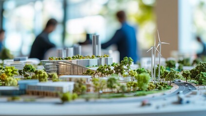 Engineers collaborating on sustainable architecture model with wind turbines, solar panels, and green building design in office
