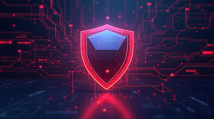 A vibrant glowing chrome  shield symbol on a digital background, representing cybersecurity and data protection in a futuristic technology environment. Illuminated with neon colors