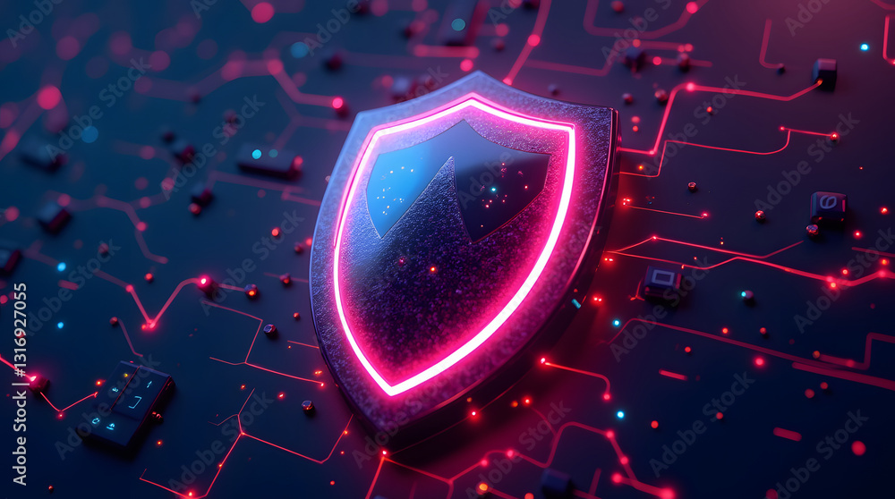 Poster a vibrant glowing chrome shield symbol on a digital background, representing cybersecurity and data 