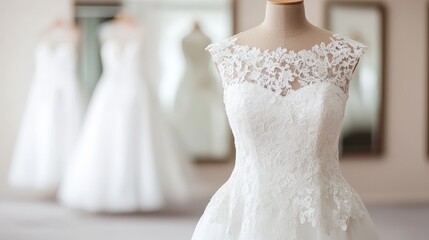 Elegant wedding dress with lace details displayed on a mannequin in a bridal boutique with mirrors background