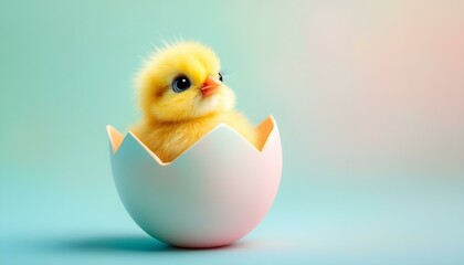 A tiny yellow chick sitting inside a pastel Easter egg shell, gazing up with big, adorable eyes. The cracked shell reveals its fluffy feathers, creating a cute and heartwarming springtime scene.
