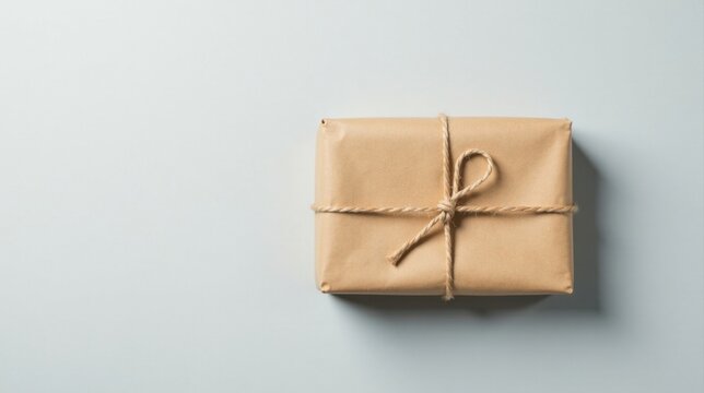 A simply wrapped package ready for delivery, tied with twine, sits on a light gray background.