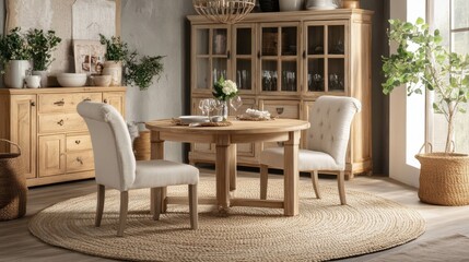 Obraz premium Stylish round braided rug in a cozy farmhouse-style dining area with rustic charm