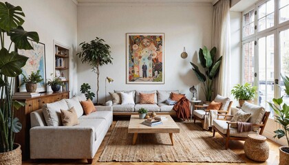 Fototapeta premium Modern living room with plants and stylish furniture